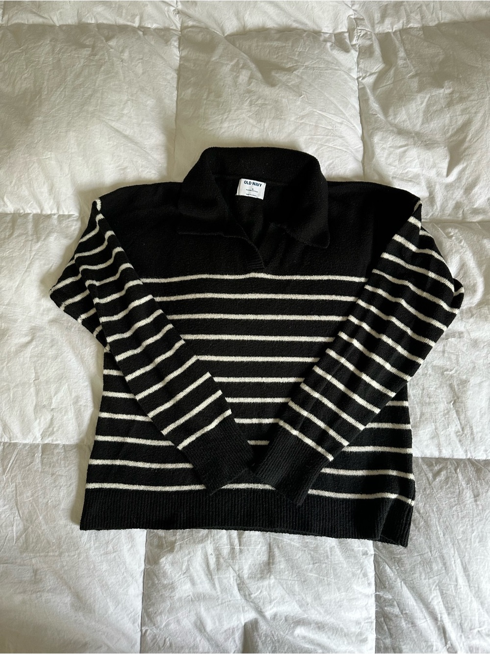 TALL Old Navy Black & Cream Striped Polo Sweater - Super Soft